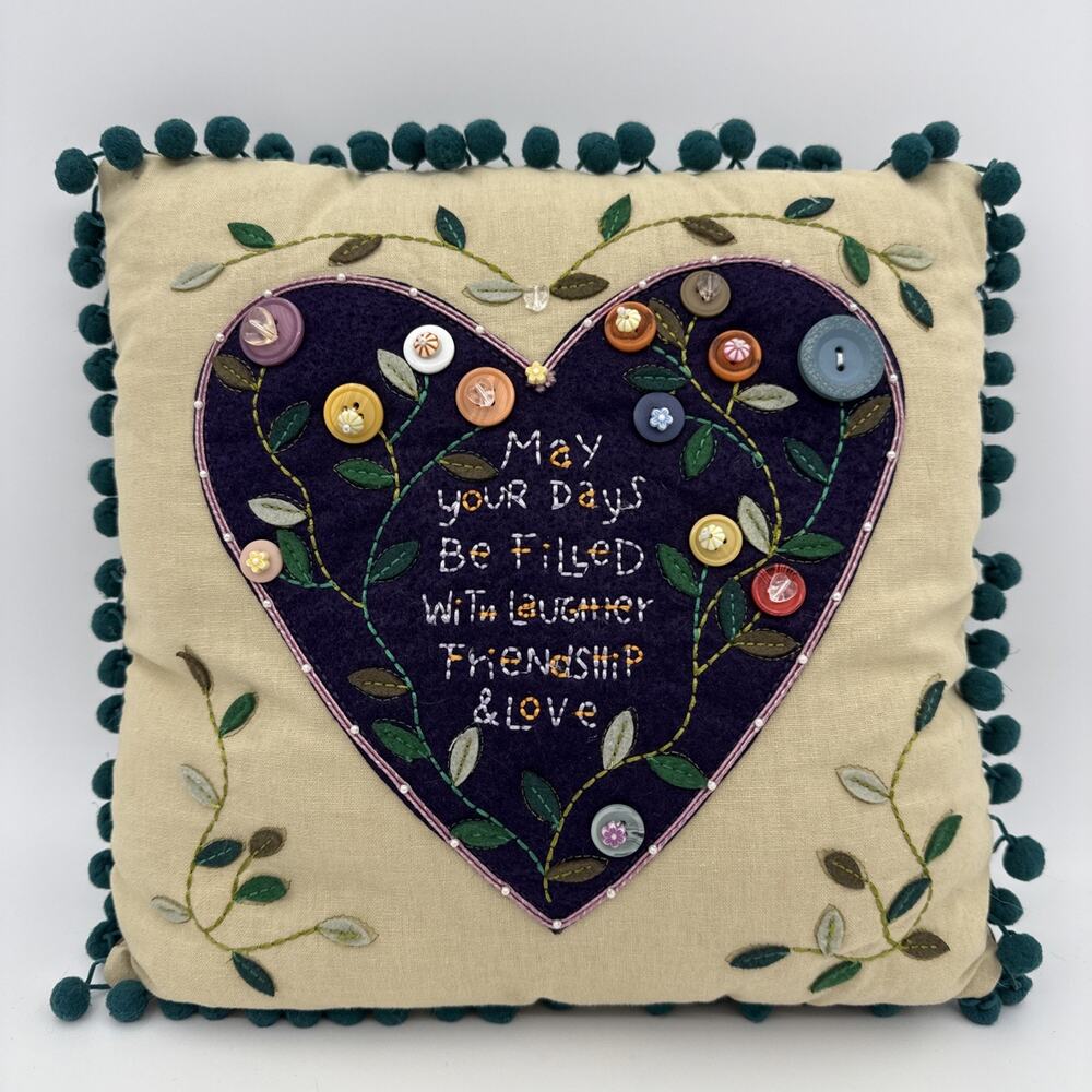 Hand Stiched Friendship Pillow Buttons Felt Pom Poms Green Blue 12" Square
